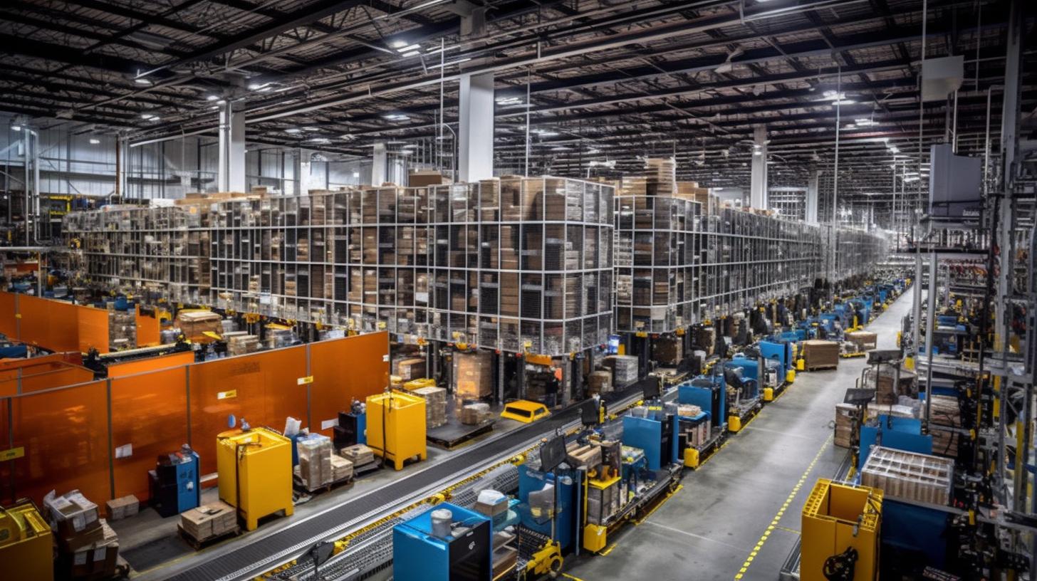 "Vista panorámica de los enormes almacenes de Amazon en las instalaciones de Inerrnaud, capturando la esencia del diseño industrial y una crítica al consumismo."