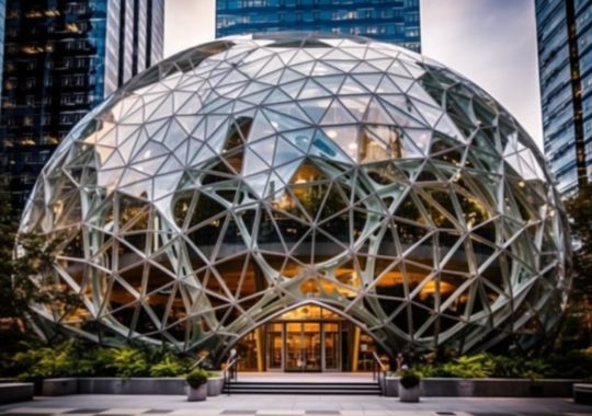 La sede futurista de Amazon, una esfera de vidrio, representada con un estilo etéreo metálico inspirado en el artista Joel Robison.