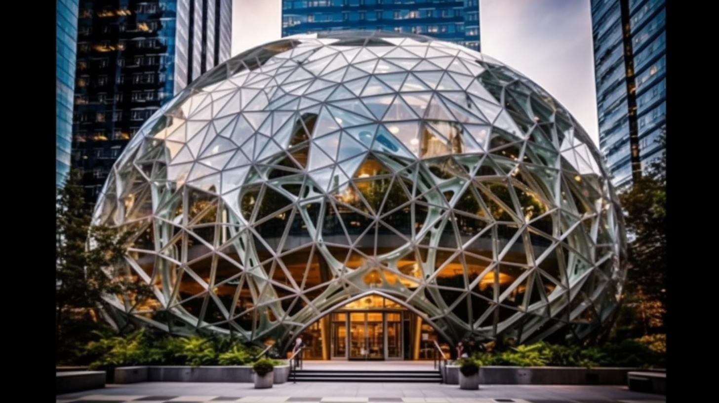 La sede futurista de Amazon, una esfera de vidrio, representada con un estilo etéreo metálico inspirado en el artista Joel Robison.