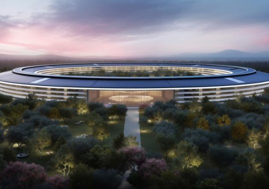 "Vista panorámica del campus de Apple al anochecer, iluminado bajo el cielo, destacando su pasarela circular, con un estilo hiperrealista que evoca emociones, enmarcado por audaces líneas negras y una construcción de madera, todo en un ambiente de naturaleza."