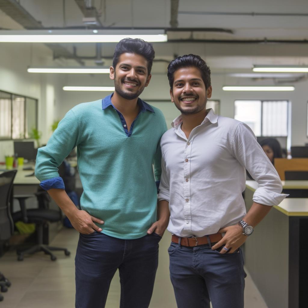 Dos jóvenes empresarios en una oficina, con motivos inspirados en Goa, expresiones faciales fuertes, enfoque en la espalda, diseño minimalista y texturas contrastantes.