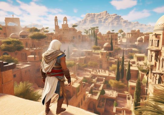 Un personaje del juego Assassin's Creed caminando a lo largo de un acantilado con una vista grandiosa de una antigua ciudad egipcia, en tonos de naranja claro y azul, desde una perspectiva aérea.