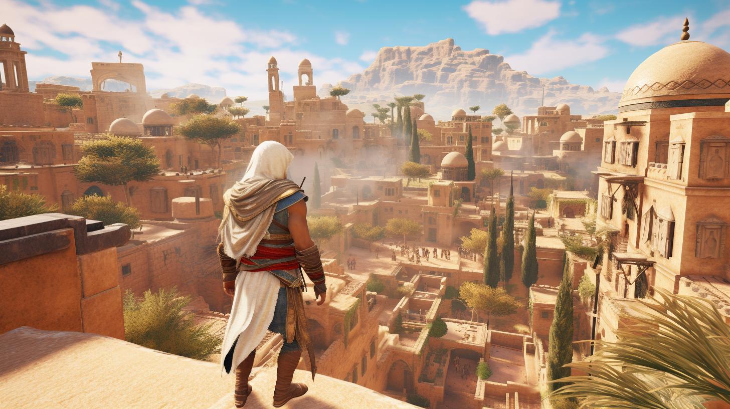 Un personaje del juego Assassin's Creed caminando a lo largo de un acantilado con una vista grandiosa de una antigua ciudad egipcia, en tonos de naranja claro y azul, desde una perspectiva aérea.