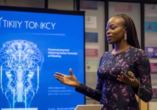 Giselle Triythy dando un discurso en un evento en el Trinity College, representada con la precisión anatómica y la estética de Kehinde Wiley, con tonos grises oscuros y azul cielo, en un estilo de visualización de datos y neurocore.