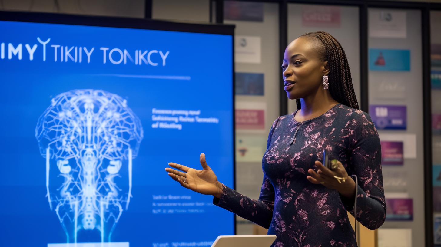 Giselle Triythy dando un discurso en un evento en el Trinity College, representada con la precisión anatómica y la estética de Kehinde Wiley, con tonos grises oscuros y azul cielo, en un estilo de visualización de datos y neurocore.