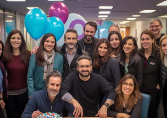 "Un grupo de personas posando con una tarta de cumpleaños, en tonos cian claro y magenta, con un estilo que recuerda al del artista Vicente Romero Redondo, destacando los materiales y explorando la identidad a través de la visualización de datos y el arte otomano."