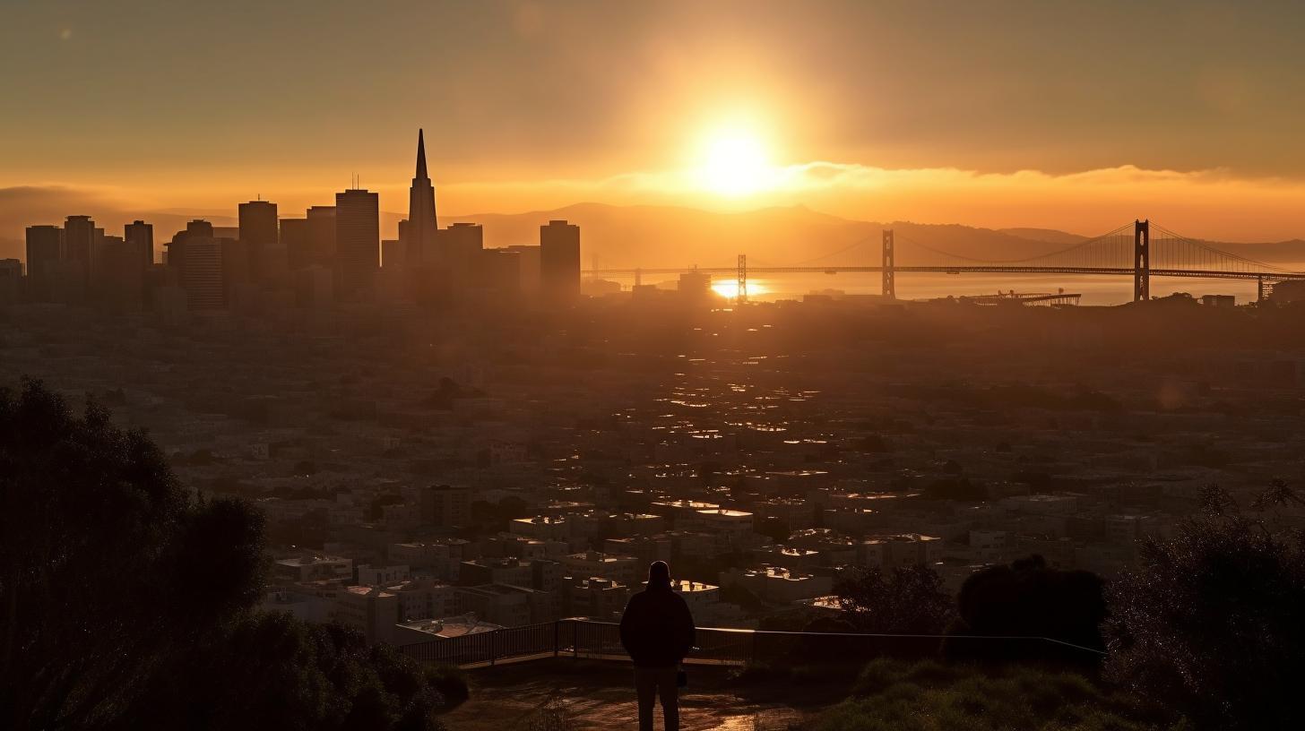Una persona parada bajo el sol con la silueta de la ciudad de San Francisco de fondo, en un estilo reminiscente del tonalismo americano.