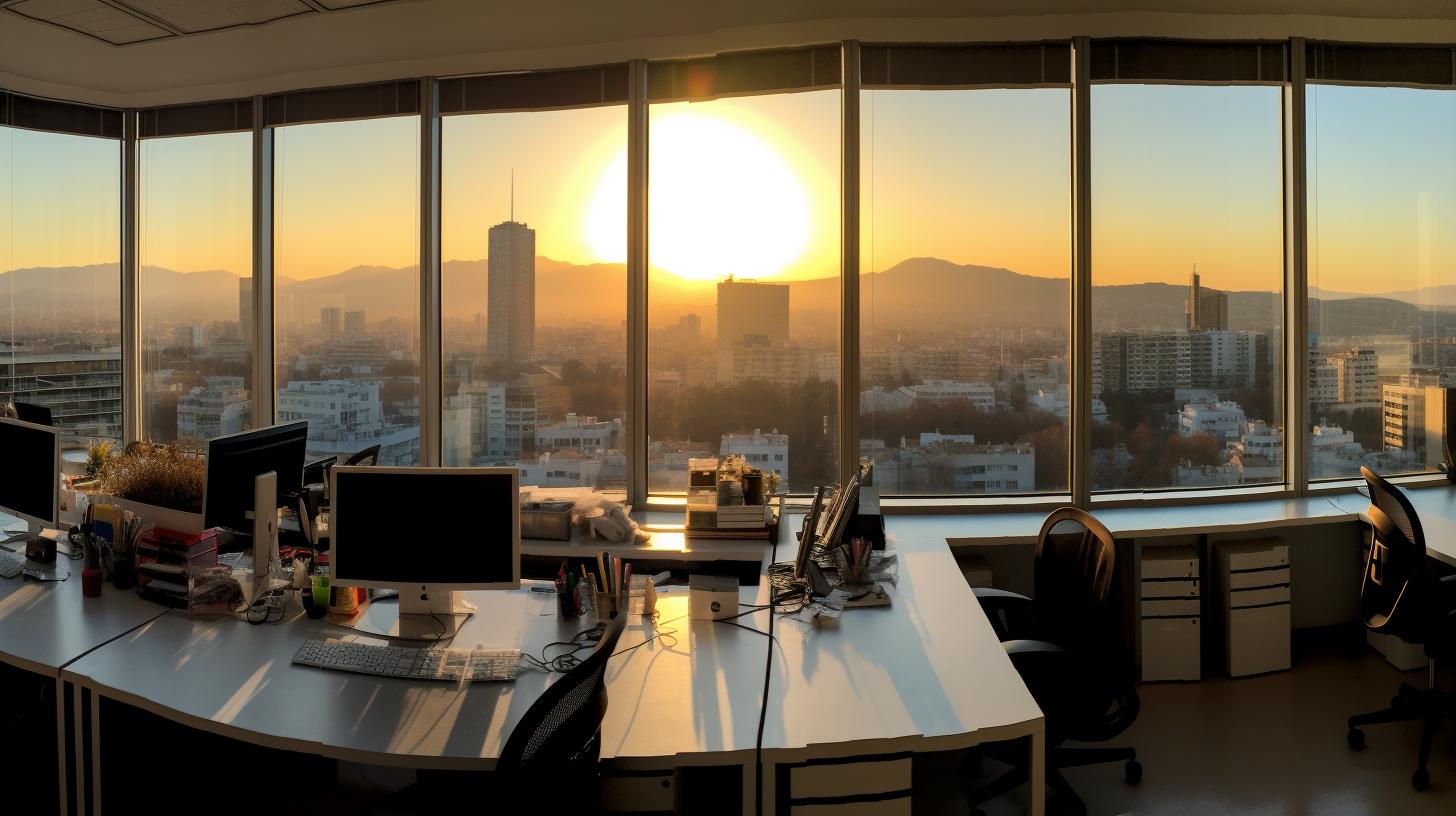 Una oficina con escritorio frente a una vista panorámica de la ciudad, iluminada por los rayos dorados del sol, evocando el estilo del artista Konstantinos Parthenis.