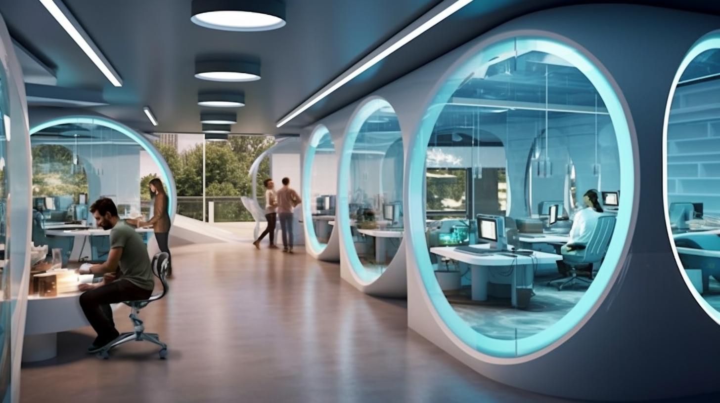 Una oficina futurista con cápsulas redondas de vidrio donde la gente trabaja, presentando un estilo blanco oscuro y azul cielo, con puertas arqueadas y un interior animado pero realista, inspirado en el neo-concreto.