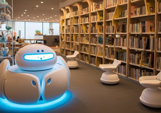 Un robot de formas redondeadas y colores beige y azul claro, sentado en el centro de una sala de biblioteca, rodeado de libros, con un ambiente de artesanía ecológica y anomalías bibliográficas.