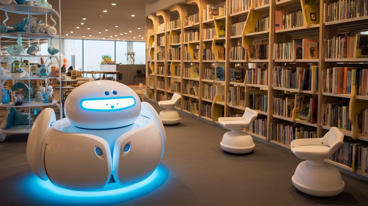 Un robot de formas redondeadas y colores beige y azul claro, sentado en el centro de una sala de biblioteca, rodeado de libros, con un ambiente de artesanía ecológica y anomalías bibliográficas.