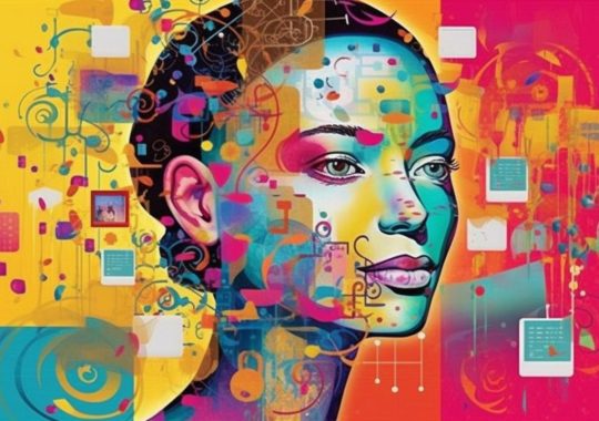 "Una mujer con la cabeza llena de vibrantes y coloridos gráficos que representan información, en un estilo que combina el arte contemporáneo africano, el futuro tecnológico y el graffiti, inspirado en los artistas Tristan Eaton y Josh Adamski."