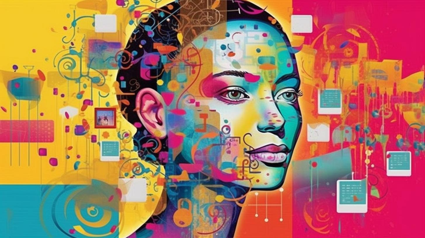 "Una mujer con la cabeza llena de vibrantes y coloridos gráficos que representan información, en un estilo que combina el arte contemporáneo africano, el futuro tecnológico y el graffiti, inspirado en los artistas Tristan Eaton y Josh Adamski."