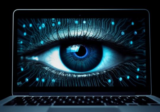 Una simulación de un ojo humano en la pantalla de una laptop, rodeado de cables y líneas digitales en el fondo.