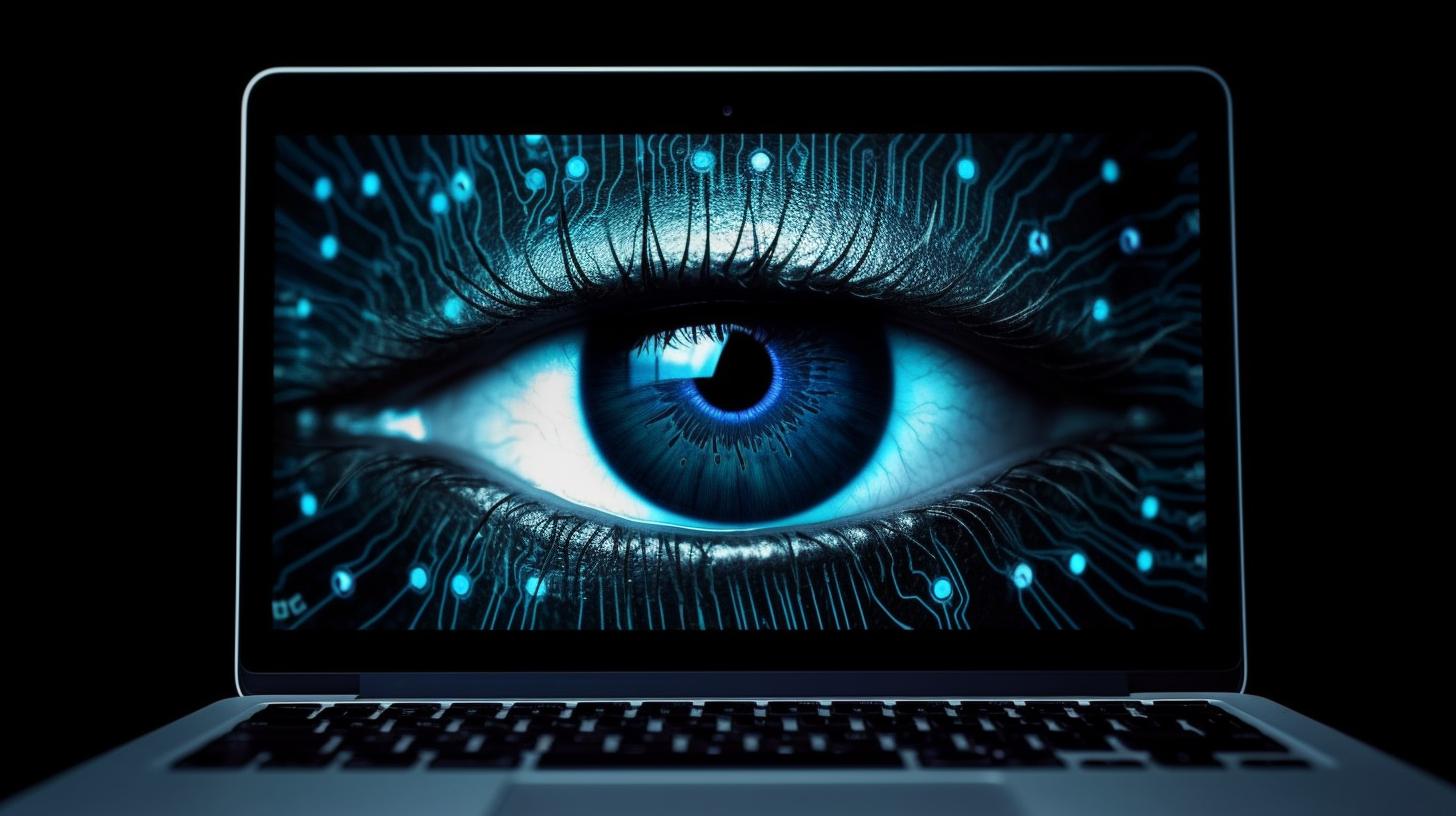 Una simulación de un ojo humano en la pantalla de una laptop, rodeado de cables y líneas digitales en el fondo.