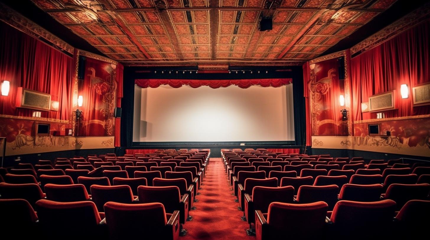 Una sala de cine de la época dorada, llena de sillas de teatro y una pantalla, con detalles elaborados y una estética romántica en tonos rojos oscuros, naranjas y esmeralda.