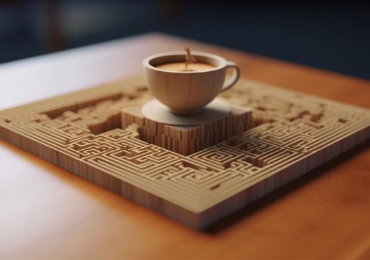 Un laberinto de madera intrincado y una taza de café, inspirados en motivos japoneses y estilizados con proporciones de juguete, evocando el arte de Daan Roosegaarde y Lev Lagorio.