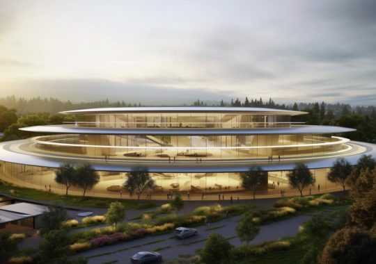 "Vista panorámica del campus de Apple en la montaña, iluminado de manera naturalista, con arquitectura clásica y lujosa, y un toque de luz perimetral que resalta su esencia minimalista y elegante."