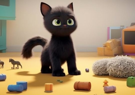 Un gato negro estilo Disney en una habitación llena de juguetes, con superficies texturizadas y un ambiente de avocadopunk, inspirado en el trabajo de Petrina Hicks.