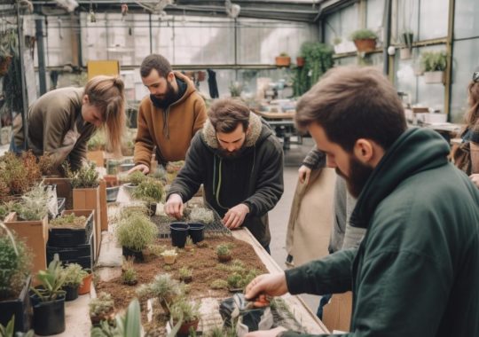 "Un grupo de personas trabajando alegremente en un invernadero lleno de plantas, con un ambiente festivo y auténtico, destacando la conciencia ambiental."