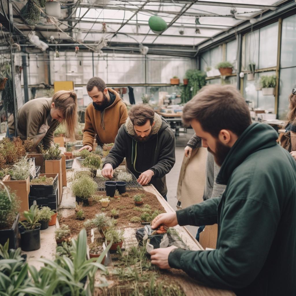"Un grupo de personas trabajando alegremente en un invernadero lleno de plantas, con un ambiente festivo y auténtico, destacando la conciencia ambiental."