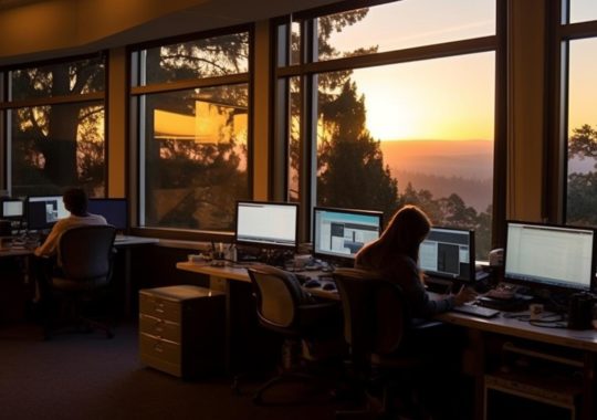 Una oficina llena de gente trabajando, con una vista panorámica de un atardecer, capturada en un estilo preciso y detallado, con una iluminación sutil y un ambiente de santuario.