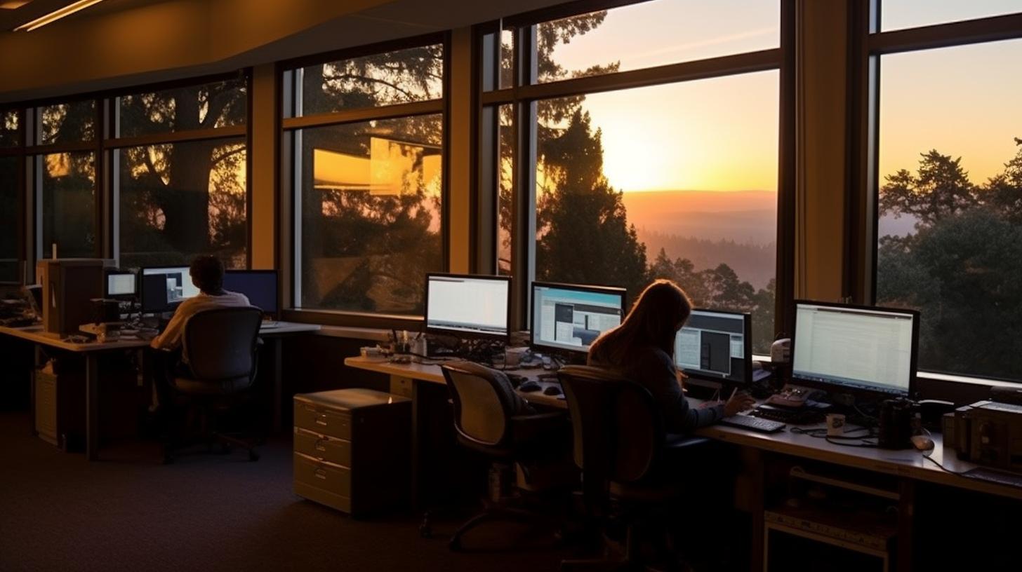 Una oficina llena de gente trabajando, con una vista panorámica de un atardecer, capturada en un estilo preciso y detallado, con una iluminación sutil y un ambiente de santuario.
