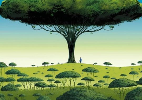 "Ilustración del árbol del libro 'Bosque del Futuro', en un estilo sereno y contemplativo, con tonos de verde y azul marino, evocando las escenas pastorales de artistas como Scott McCloud, Emek Golan y David Nordahl."