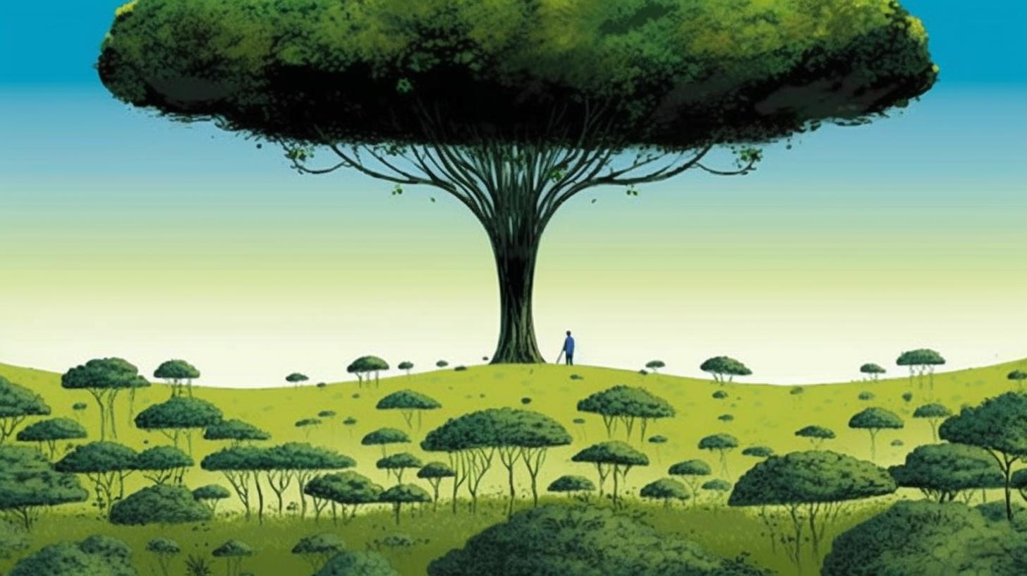 "Ilustración del árbol del libro 'Bosque del Futuro', en un estilo sereno y contemplativo, con tonos de verde y azul marino, evocando las escenas pastorales de artistas como Scott McCloud, Emek Golan y David Nordahl."