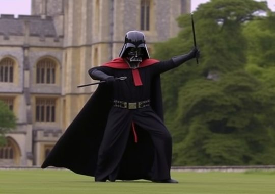 Darth Vader, en su traje característico, apunta con su bastón hacia un castillo, en una escena que evoca el paisaje rural inglés, con una coreografía cómica pero elegante, en tonos de azul marino y carmesí.