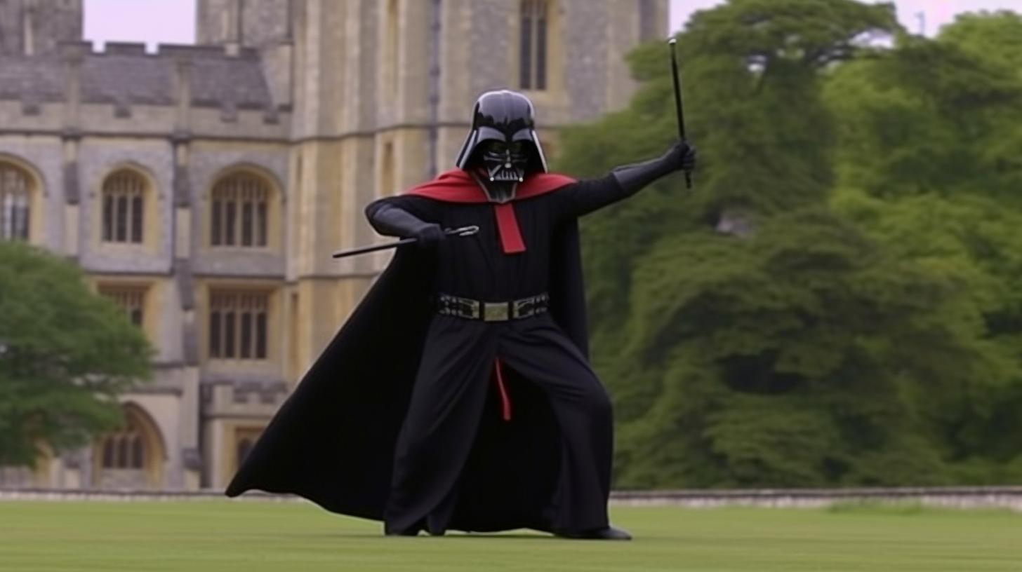 Darth Vader, en su traje característico, apunta con su bastón hacia un castillo, en una escena que evoca el paisaje rural inglés, con una coreografía cómica pero elegante, en tonos de azul marino y carmesí.