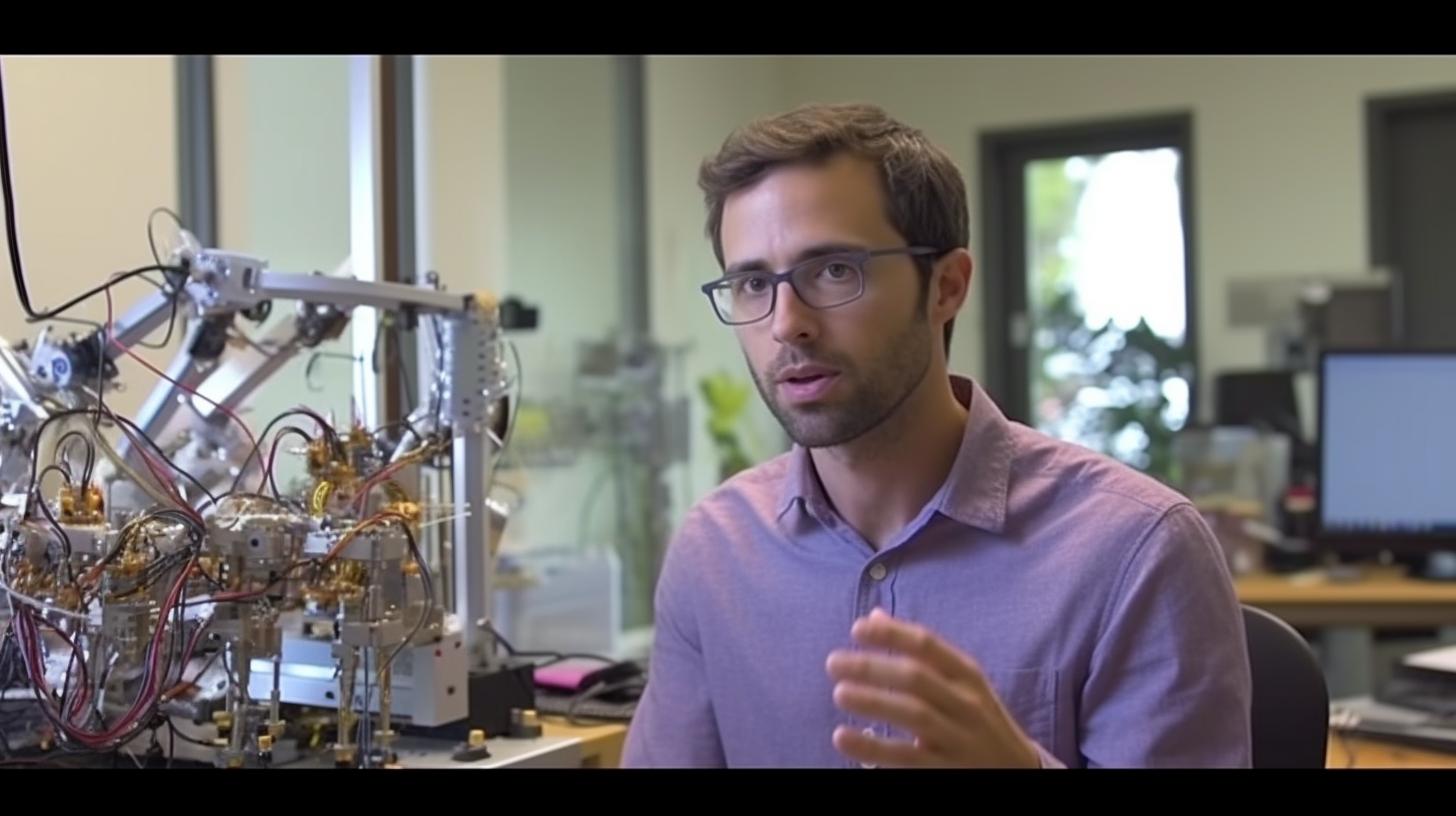 Un hombre con gafas hablando a través de un aparato en un ambiente de ciencia, capturado en una película de baja velocidad.