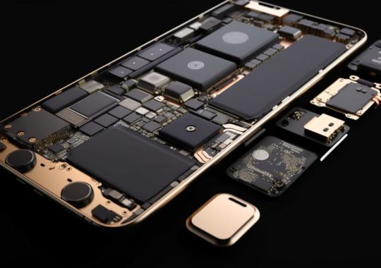 Un iPhone dorado desmontado mostrando su RAM y procesador, presentado con un estilo de cuerpos fragmentados, imágenes detalladas y líneas negras audaces.