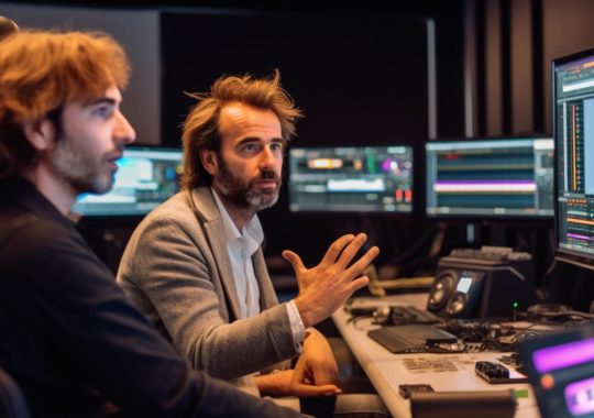 Dos hombres trabajando intensamente frente a dos monitores, rodeados de herramientas de edición de video, en un ambiente con iluminación tenue que evoca las obras de Christophe Staelens y Maximilian Pirner.