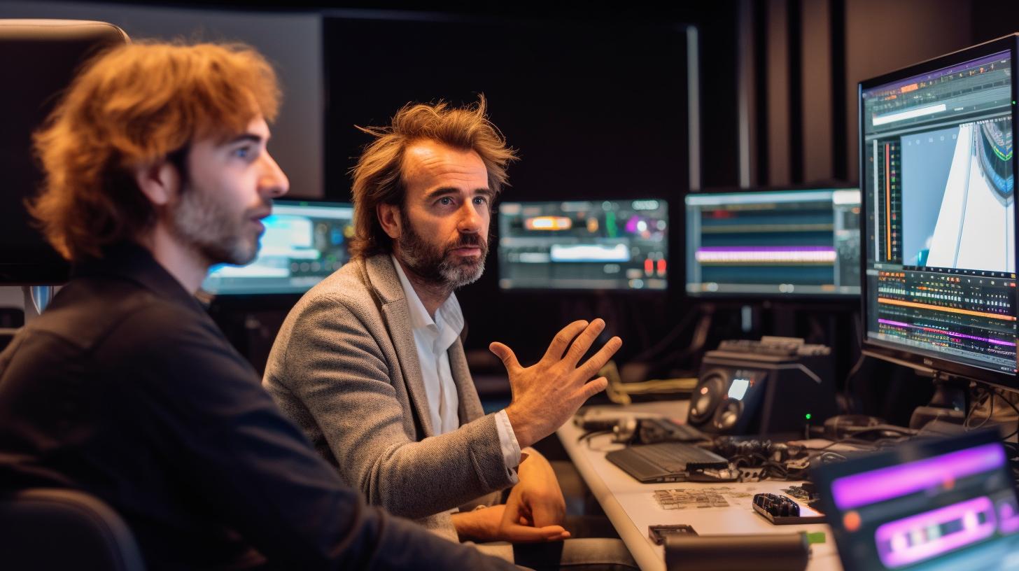 Dos hombres trabajando intensamente frente a dos monitores, rodeados de herramientas de edición de video, en un ambiente con iluminación tenue que evoca las obras de Christophe Staelens y Maximilian Pirner.