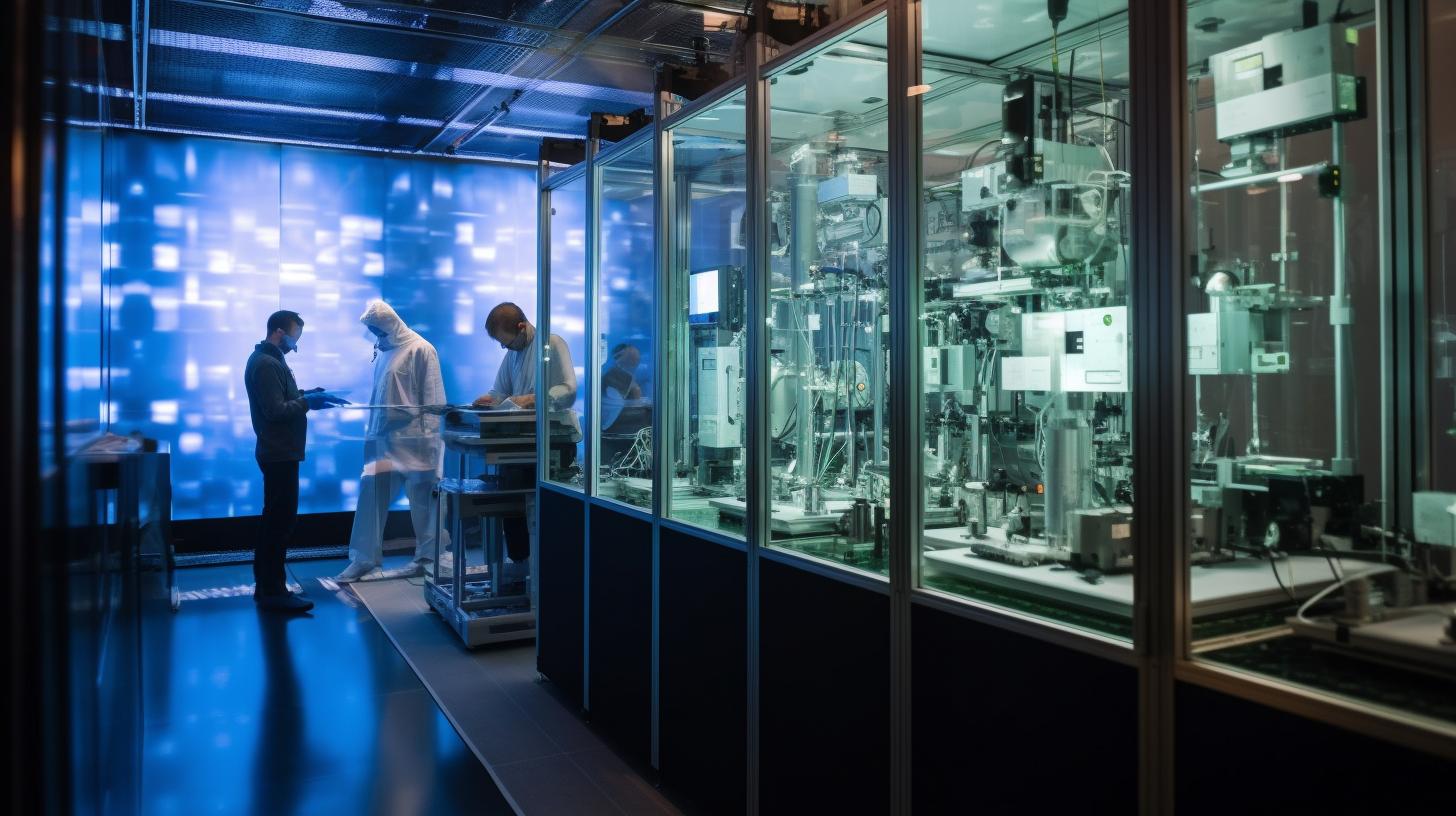 "Imagen de dos grupos de personas en una sala llena de maquinaria, con un estilo que enfatiza los detalles moleculares y los materiales, en tonos plateados y azules."