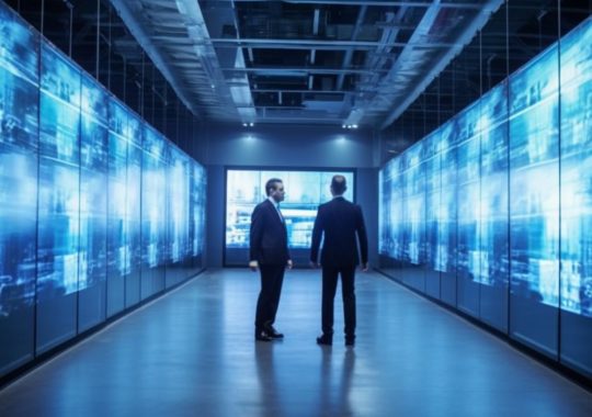 Dos hombres de negocios se encuentran en un pasillo lleno de pantallas digitales, con un estilo industrial en tonos azul marino y azul cielo.
