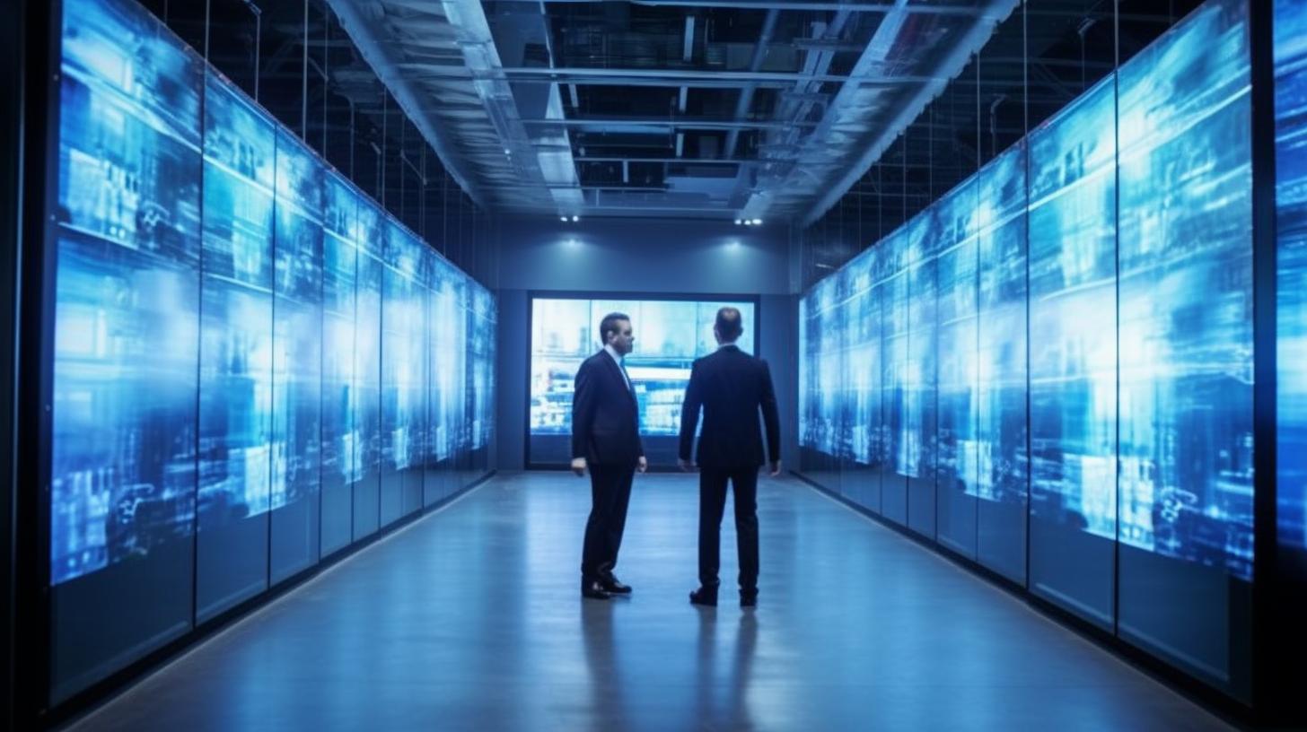 Dos hombres de negocios se encuentran en un pasillo lleno de pantallas digitales, con un estilo industrial en tonos azul marino y azul cielo.