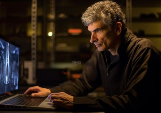 Un hombre concentrado en su laptop, iluminado por la tenue luz de la pantalla en una habitación oscura, con un ambiente de academia científica y luces brillantes, en tonos de plata oscuro y bronce claro.