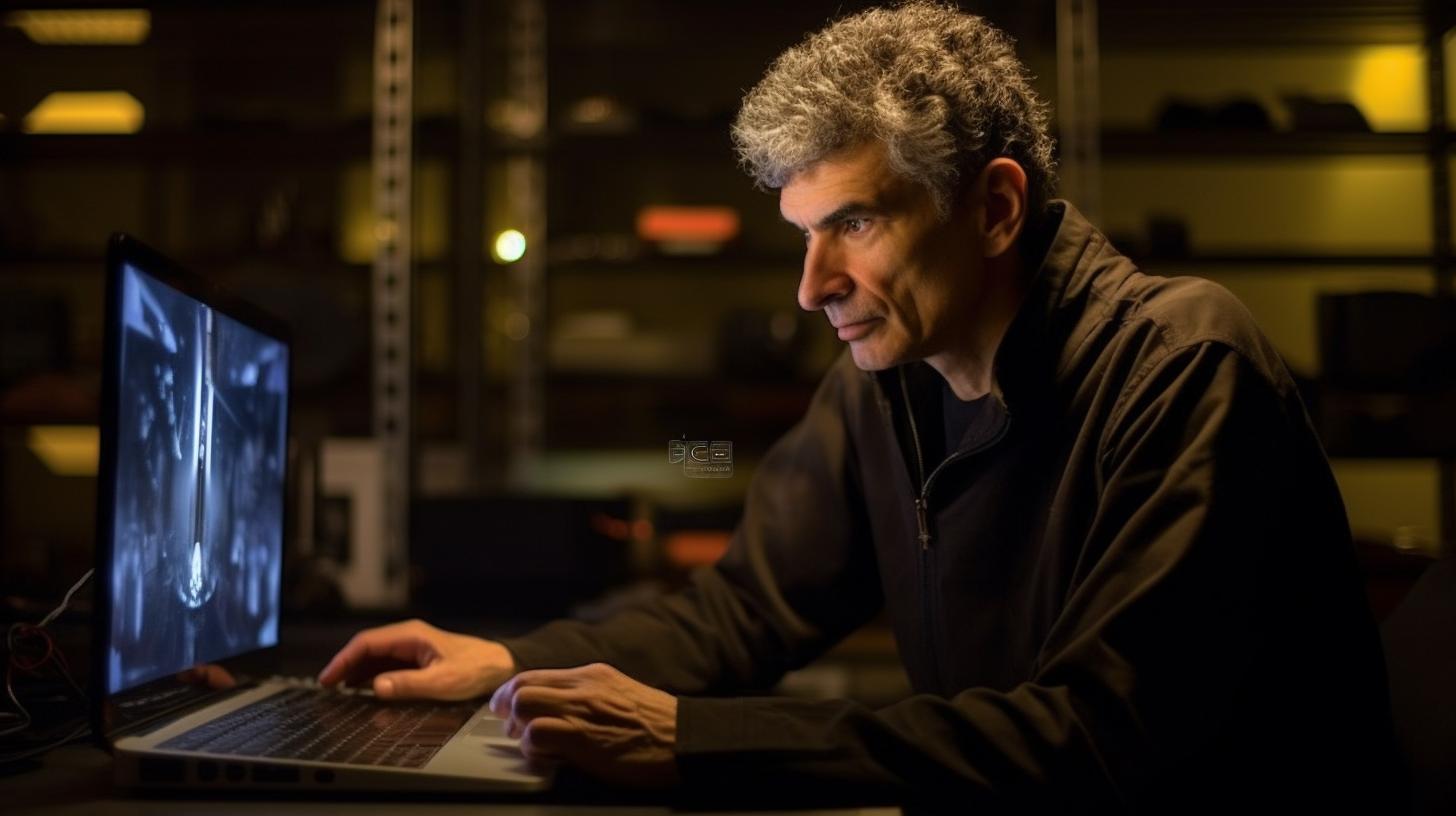 Un hombre concentrado en su laptop, iluminado por la tenue luz de la pantalla en una habitación oscura, con un ambiente de academia científica y luces brillantes, en tonos de plata oscuro y bronce claro.