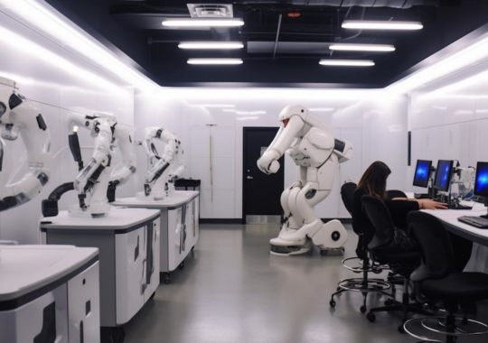 "Un laboratorio ocupado por un robot y personas, presentado en tonos oscuros de blanco y bronce claro, con un diseño no funcional y una perspectiva forzada que muestra una meticulosa precisión en el trazado de líneas, evocando una atmósfera de innovación técnica."
