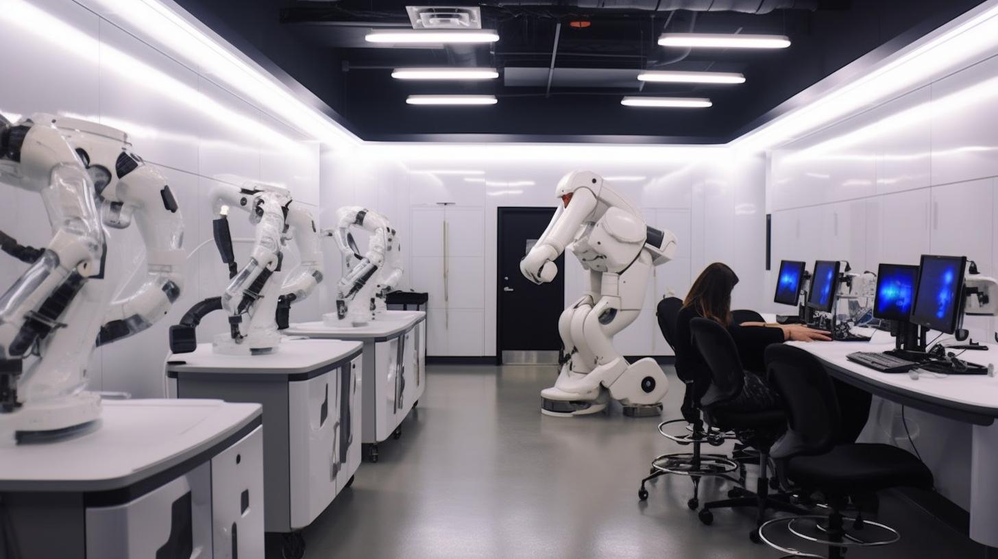 "Un laboratorio ocupado por un robot y personas, presentado en tonos oscuros de blanco y bronce claro, con un diseño no funcional y una perspectiva forzada que muestra una meticulosa precisión en el trazado de líneas, evocando una atmósfera de innovación técnica."