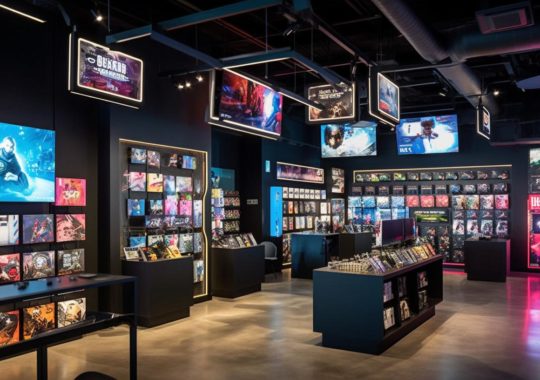 Una tienda de videos en un centro comercial exhibiendo diversos artículos, con un estilo oscuro de magenta y azul cielo, inspirado en el trabajo de Teamlab y Zack Snyder, evocando el terreno del norte de China.