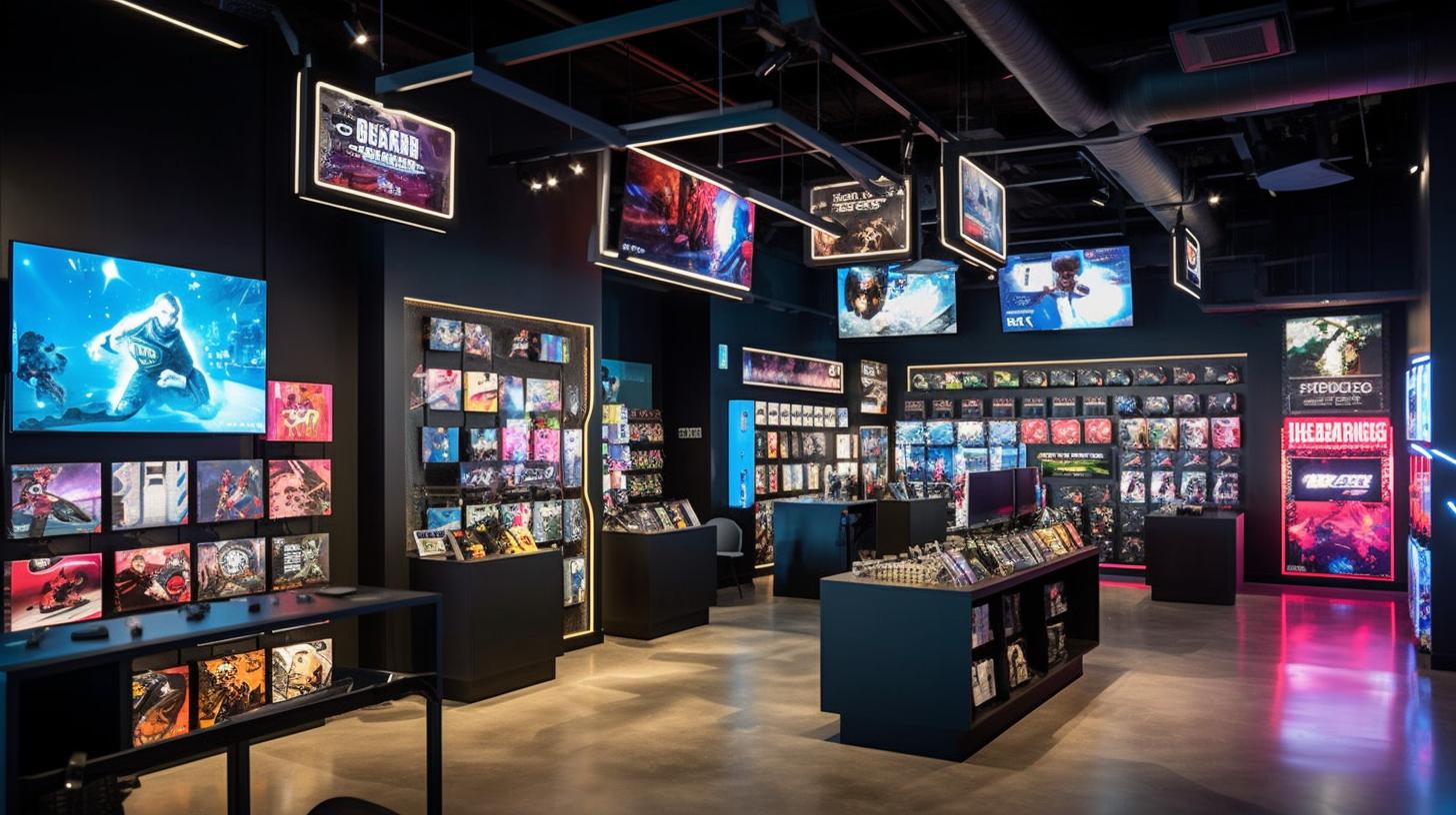Una tienda de videos en un centro comercial exhibiendo diversos artículos, con un estilo oscuro de magenta y azul cielo, inspirado en el trabajo de Teamlab y Zack Snyder, evocando el terreno del norte de China.