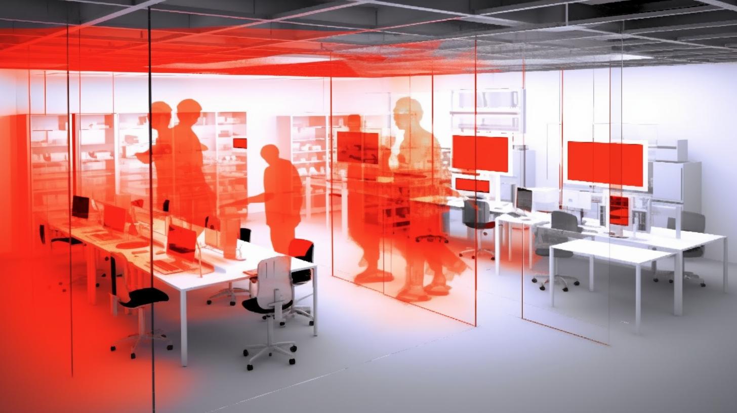 "Una representación 3D de una oficina iluminada con luz roja, con figuras silueteadas y transparencias superpuestas que evocan un ambiente de activismo colaborativo."