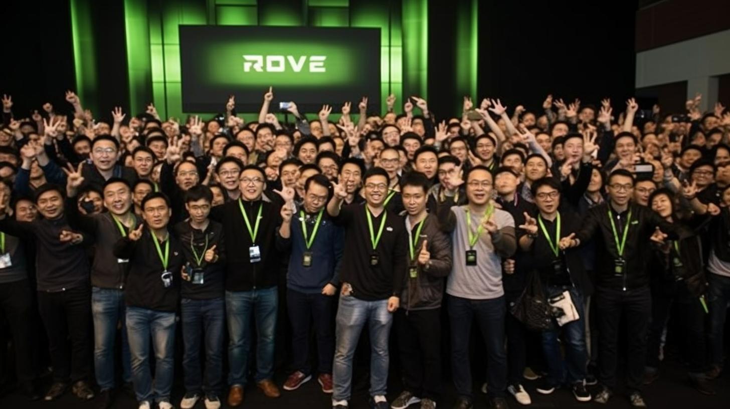 Un grupo de empleados de Rive posando frente a una pantalla verde, en un estilo que recuerda a las escenas detalladas de multitudes, con rayos de luz divina y elementos de neo-academismo y pinceladas chinas.
