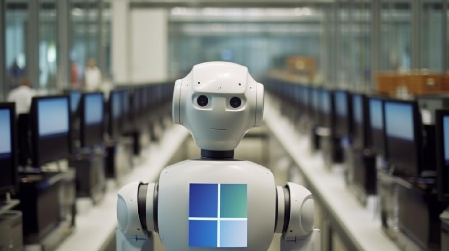 "Un robot en un campo de computadoras con ventanas, presentado con precisión académica y una fuerte expresión facial, en tonos plateados y azules, al estilo del grupo Nul y el movimiento precisionista."