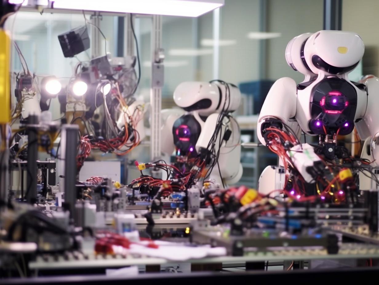 Robots interactuando con equipos en un laboratorio de ingeniería, en tonos de blanco oscuro, magenta, ámbar claro y morado, con un enfoque cercano que resalta la complejidad de la escena.