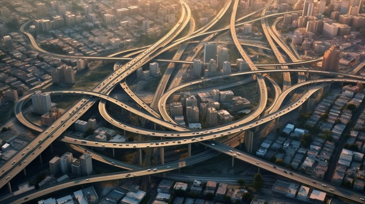 "Vista aérea de una ciudad con un enfoque en las intersecciones de sus sinuosas carreteras, presentando una estética minimalista y apilada, evocando la esencia del núcleo del transporte."