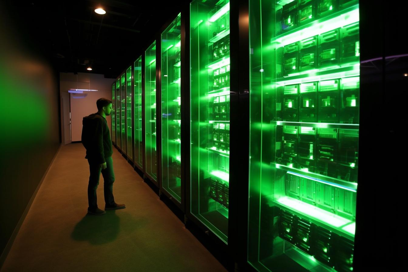 Un hombre parado en una sala de servidores iluminada en verde, evocando un ambiente de recolección y exhibición, con un estilo reminiscente de Crystalcore y la escuela de Cluj, utilizando un medio transparente/translúcido y con un toque de Heistcore.